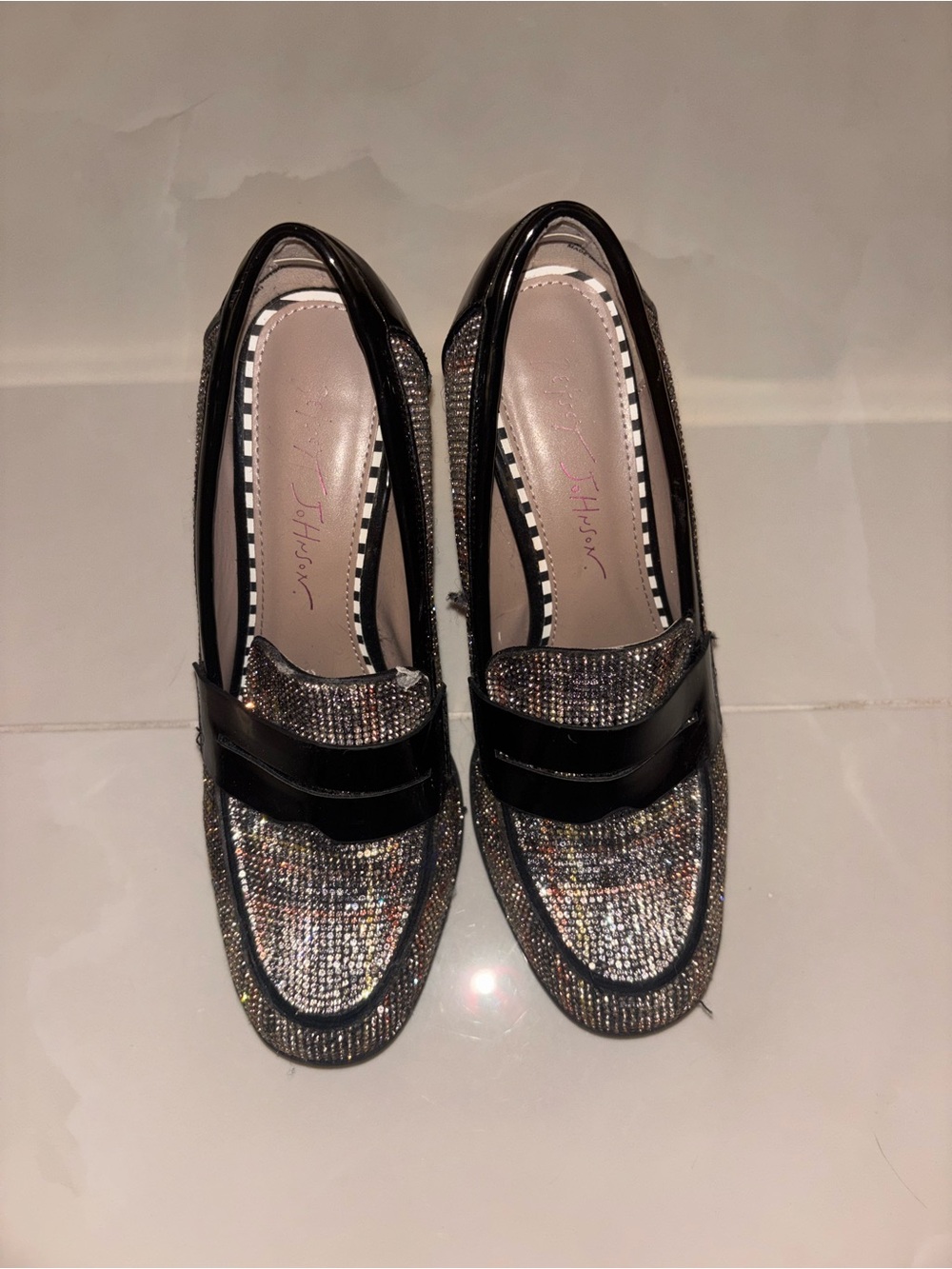 Betsey Johnson Black Patent and Multicolor Glitter Penny Loafers